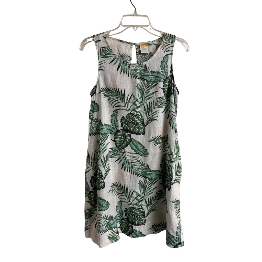C&C California Womens XS 100% Linen Tropical Palm Leaf Print Shift Dress
